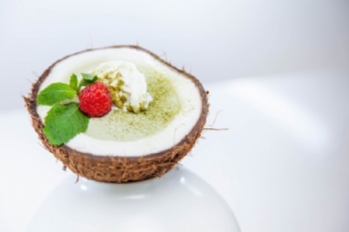 Raspberry Matcha Pudding in a Coconut Bowl